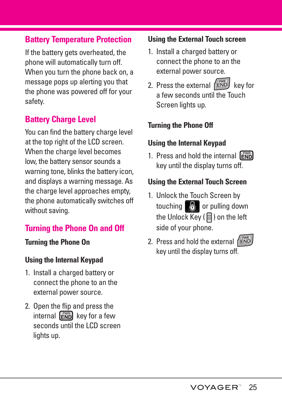 Battery temperature protection, Battery charge level, Turning the phone on and off | Turning the phone on, Turning the phone off | LG LGVX10000S User Manual | Page 27 / 373