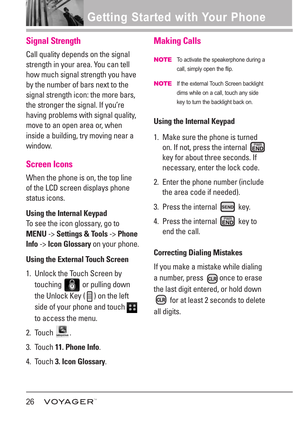 Signal strength, Screen icons, Making calls | Correcting dialing mistakes, Getting started with your phone | LG LGVX10000S User Manual | Page 28 / 373