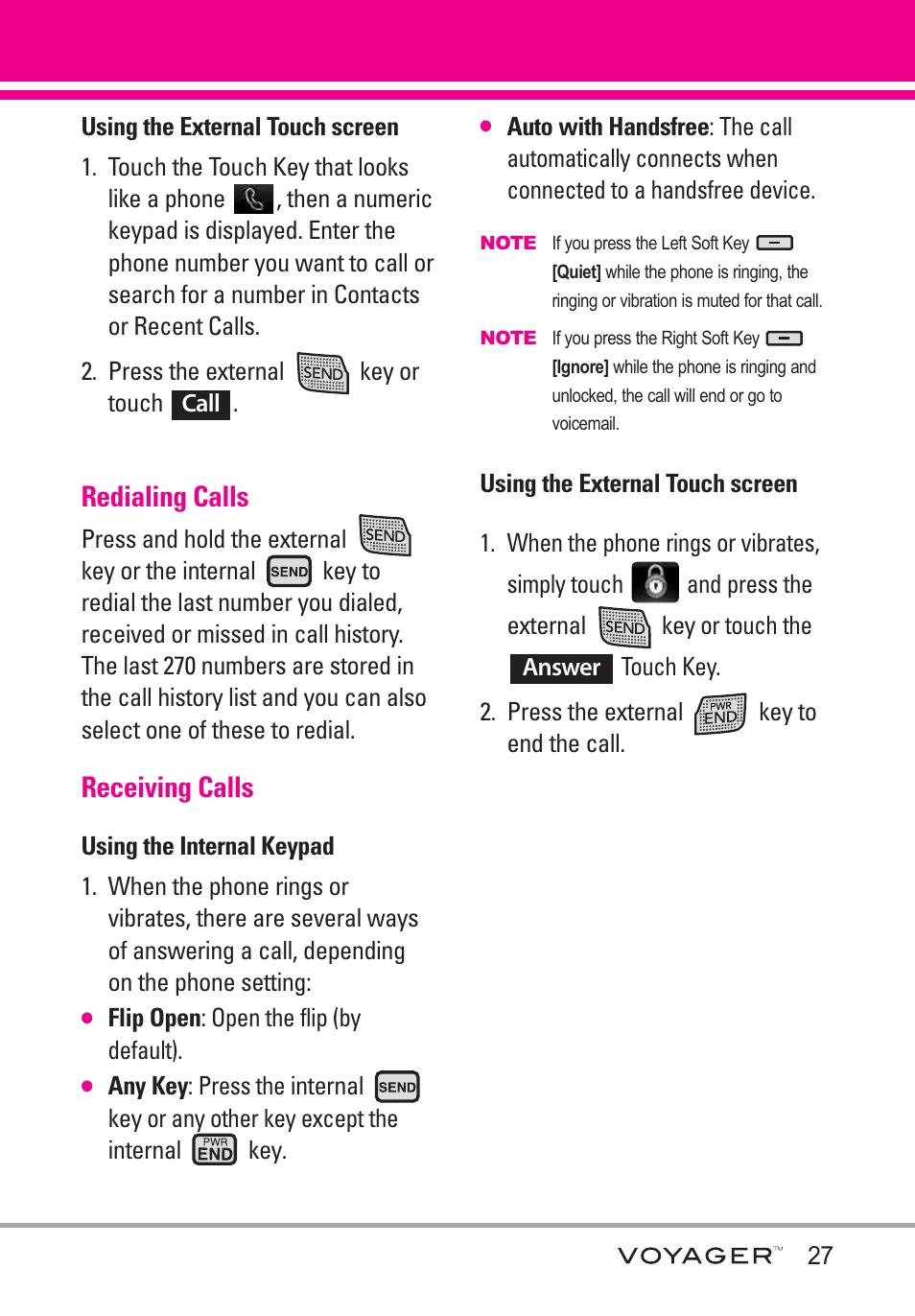 Redialing calls, Receiving calls | LG LGVX10000S User Manual | Page 29 / 373