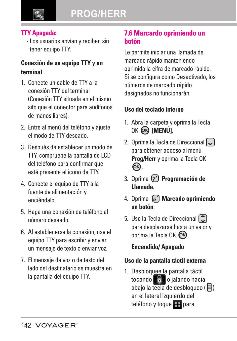 6 marcardo oprimiendo un b, 6 marcardo oprimiendo un botón 142, Prog/herr | LG LGVX10000S User Manual | Page 324 / 373