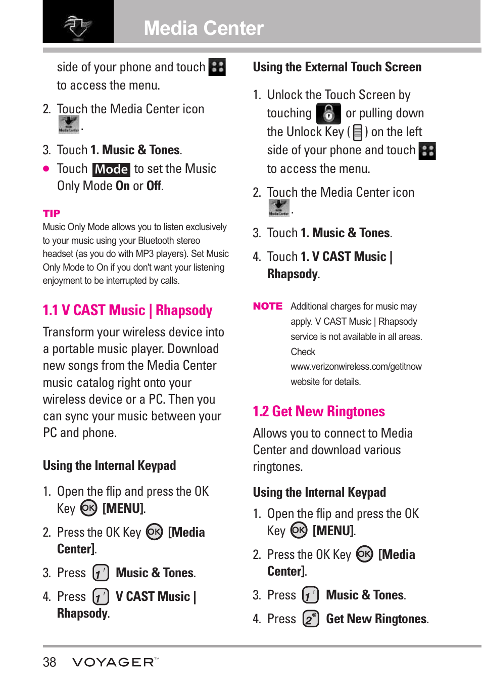 1 v cast music | rhapsody, 2 get new ringtones, Media center | LG LGVX10000S User Manual | Page 40 / 373