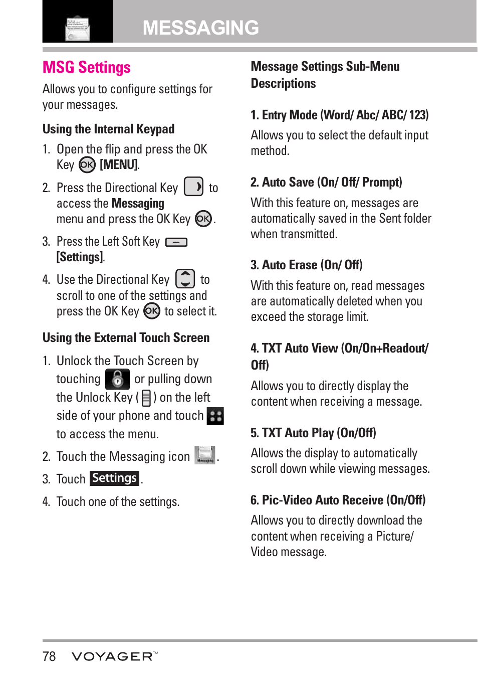 Msg settings, Entry mode (word/ abc/ ab, Auto save (on/ off/ prompt) | Auto erase (on/ off), Txt auto view (on/on+read, Txt auto play (on/off), Pic-video auto receive (o, Entry mode (word/ abc/ abc/ 123), Txt auto view (on/on+readout/ off), Pic-video auto receive (on/off) 78 | LG LGVX10000S User Manual | Page 80 / 373