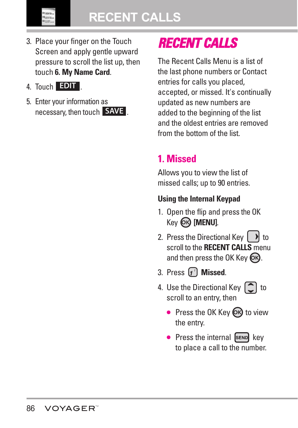 Recent calls, Missed | LG LGVX10000S User Manual | Page 88 / 373