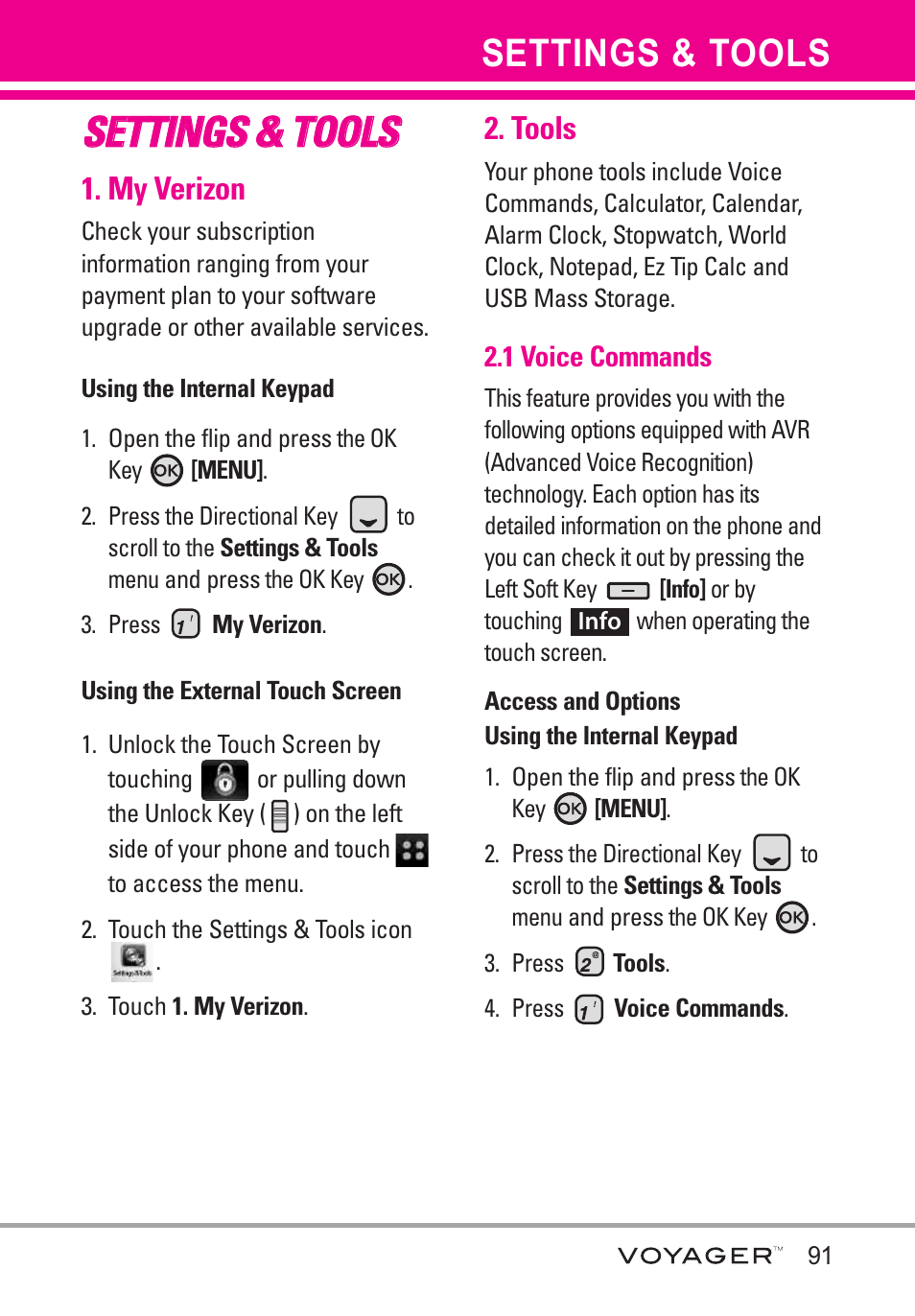 Settings & tools, My verizon, Tools | 1 voice commands, Sse et tt tiin ng gs s & & t to oo olls s | LG LGVX10000S User Manual | Page 93 / 373