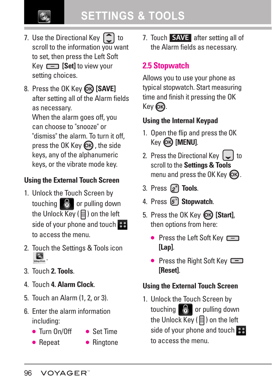 5 stopwatch, Settings & tools | LG LGVX10000S User Manual | Page 98 / 373