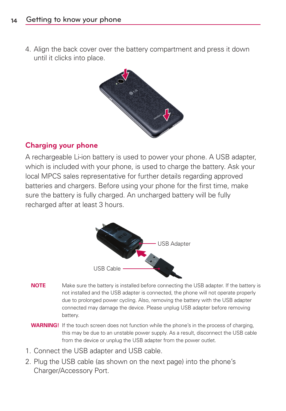 Getting to know your phone, Charging your phone | LG LGMS323 User Manual | Page 16 / 114