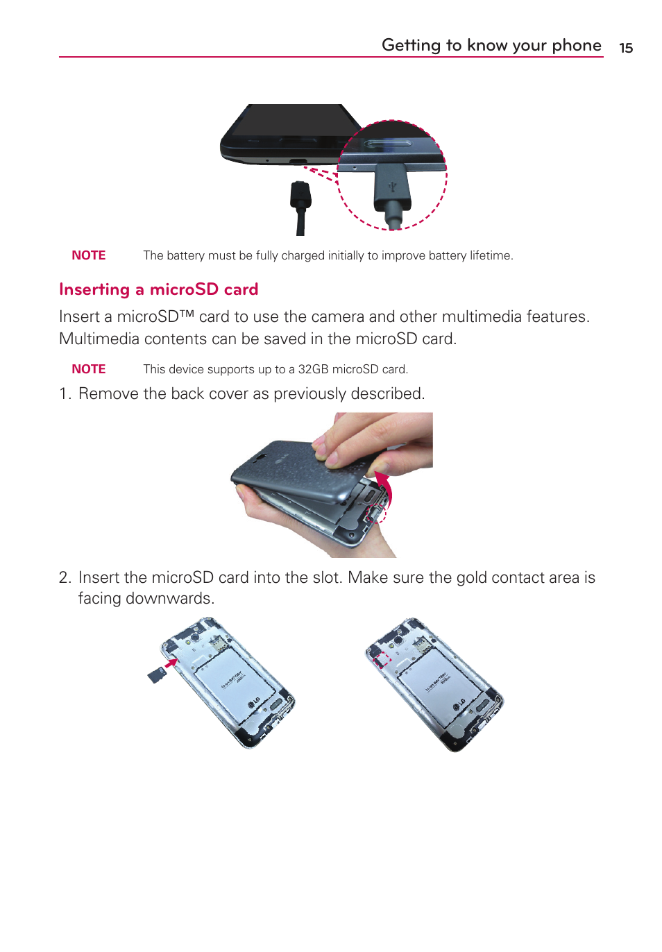 Getting to know your phone, Inserting a microsd card | LG LGMS323 User Manual | Page 17 / 114