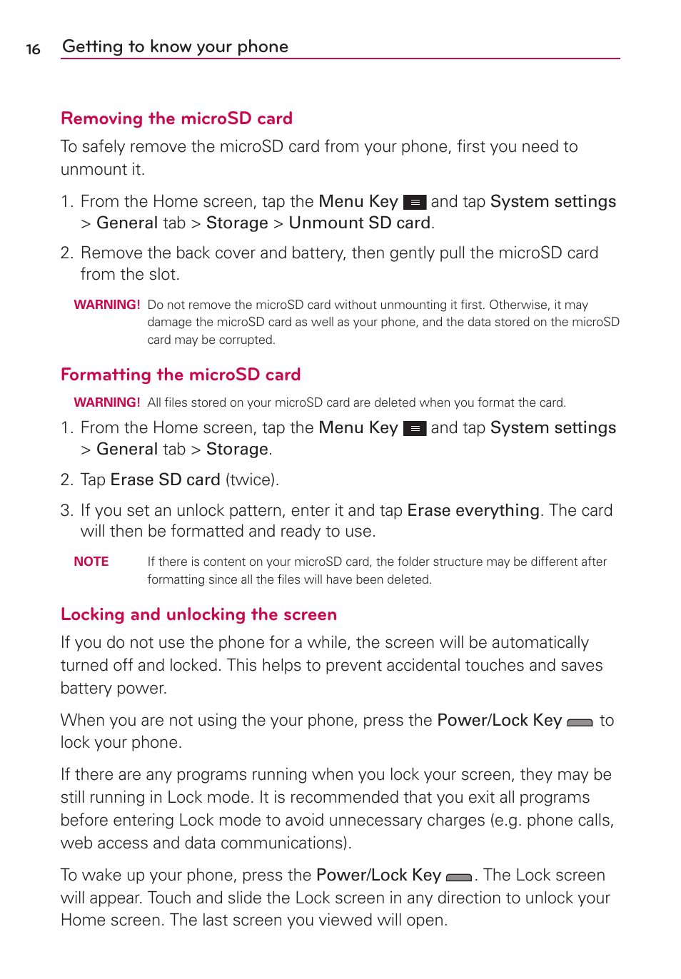 Formatting the microsd card, Locking and unlocking the screen | LG LGMS323 User Manual | Page 18 / 114