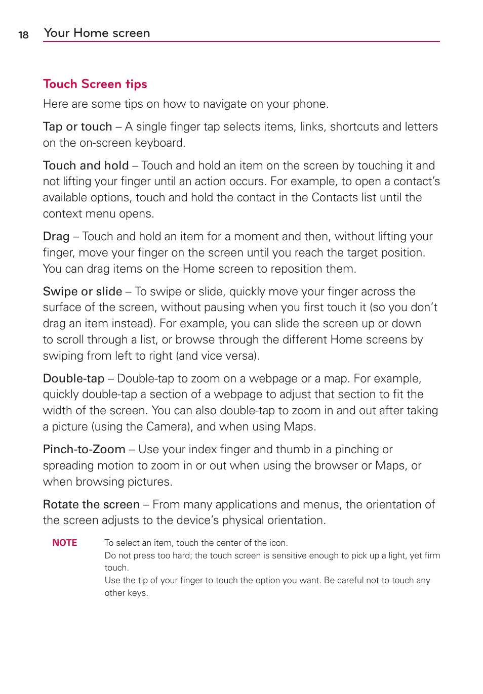 Your home screen, Your home screen touch screen tips | LG LGMS323 User Manual | Page 20 / 114