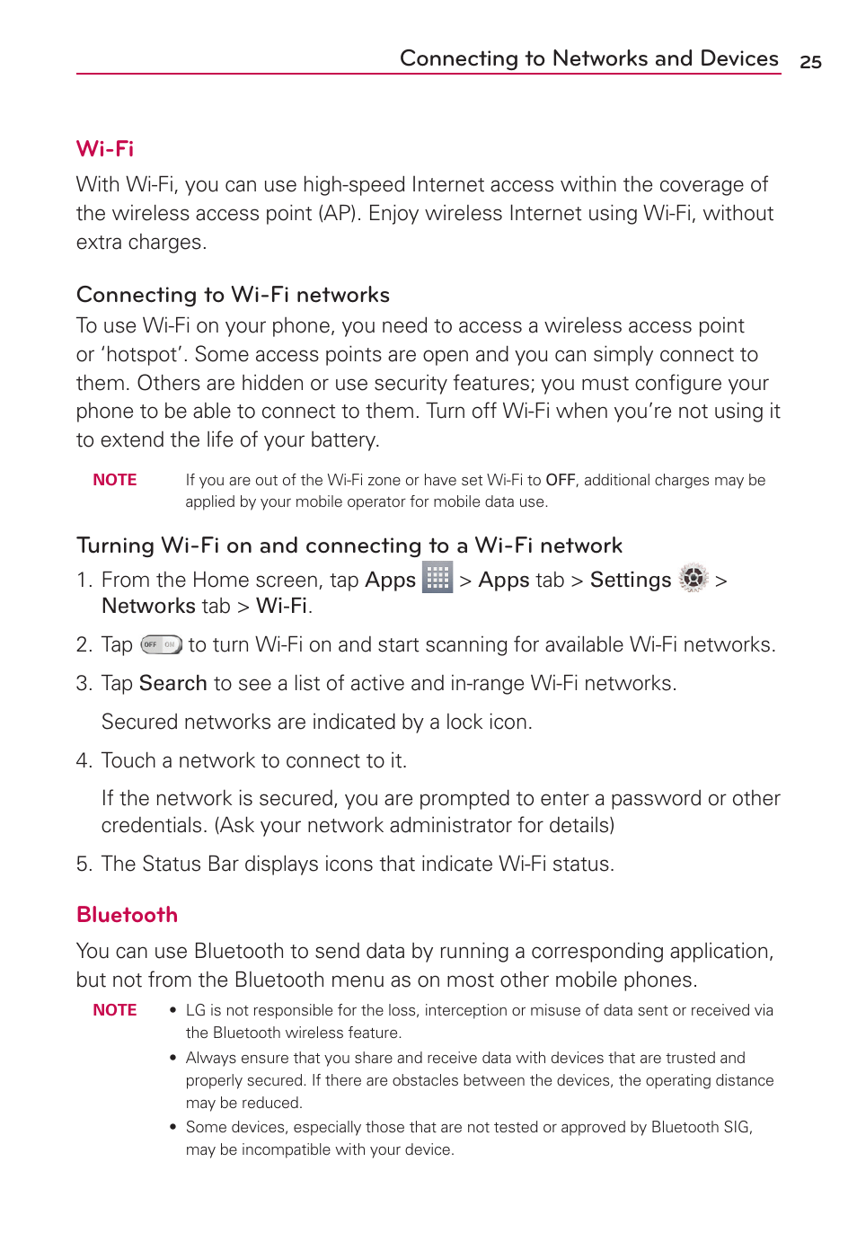 Connecting to networks and devices, Connecting to networks and devices wi-fi, Connecting to wi-fi networks | Turning wi-fi on and connecting to a wi-fi network, Bluetooth | LG LGMS323 User Manual | Page 27 / 114