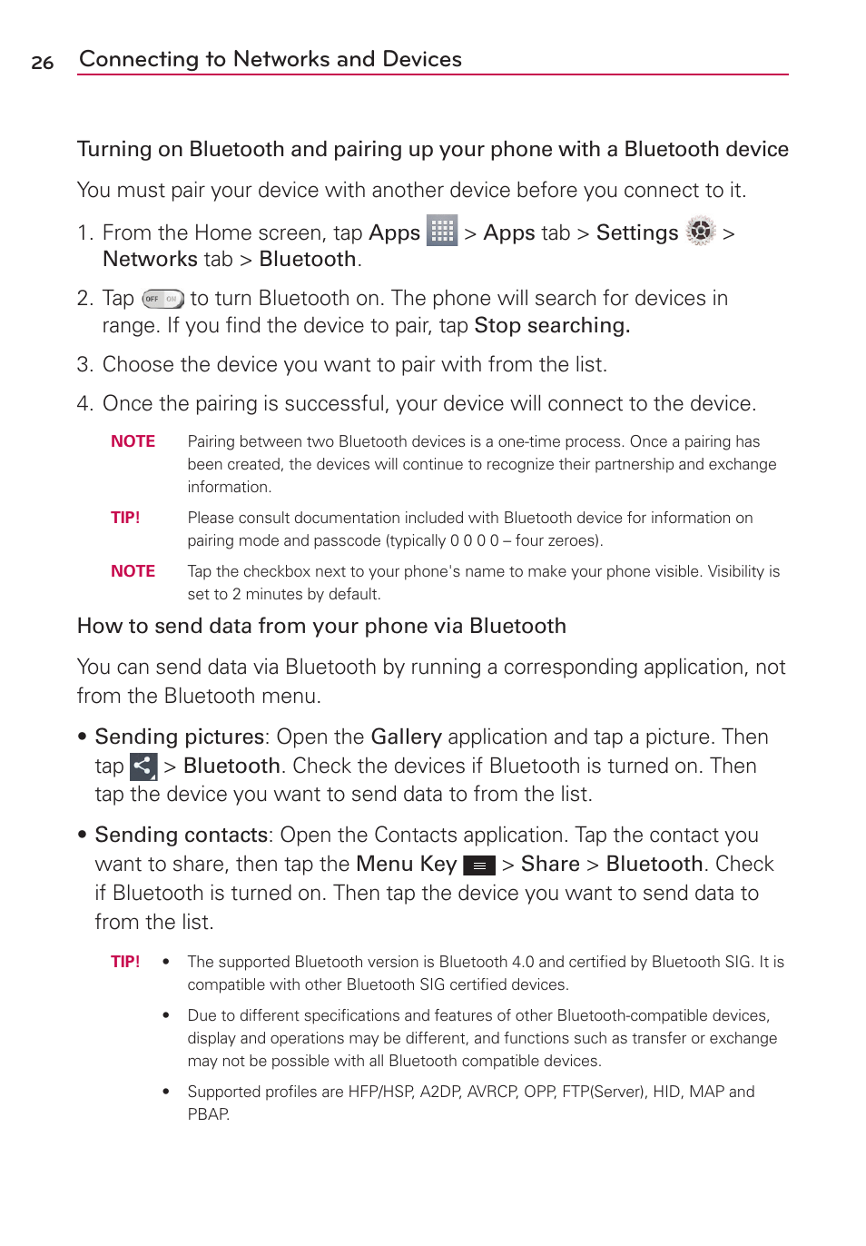 Connecting to networks and devices | LG LGMS323 User Manual | Page 28 / 114