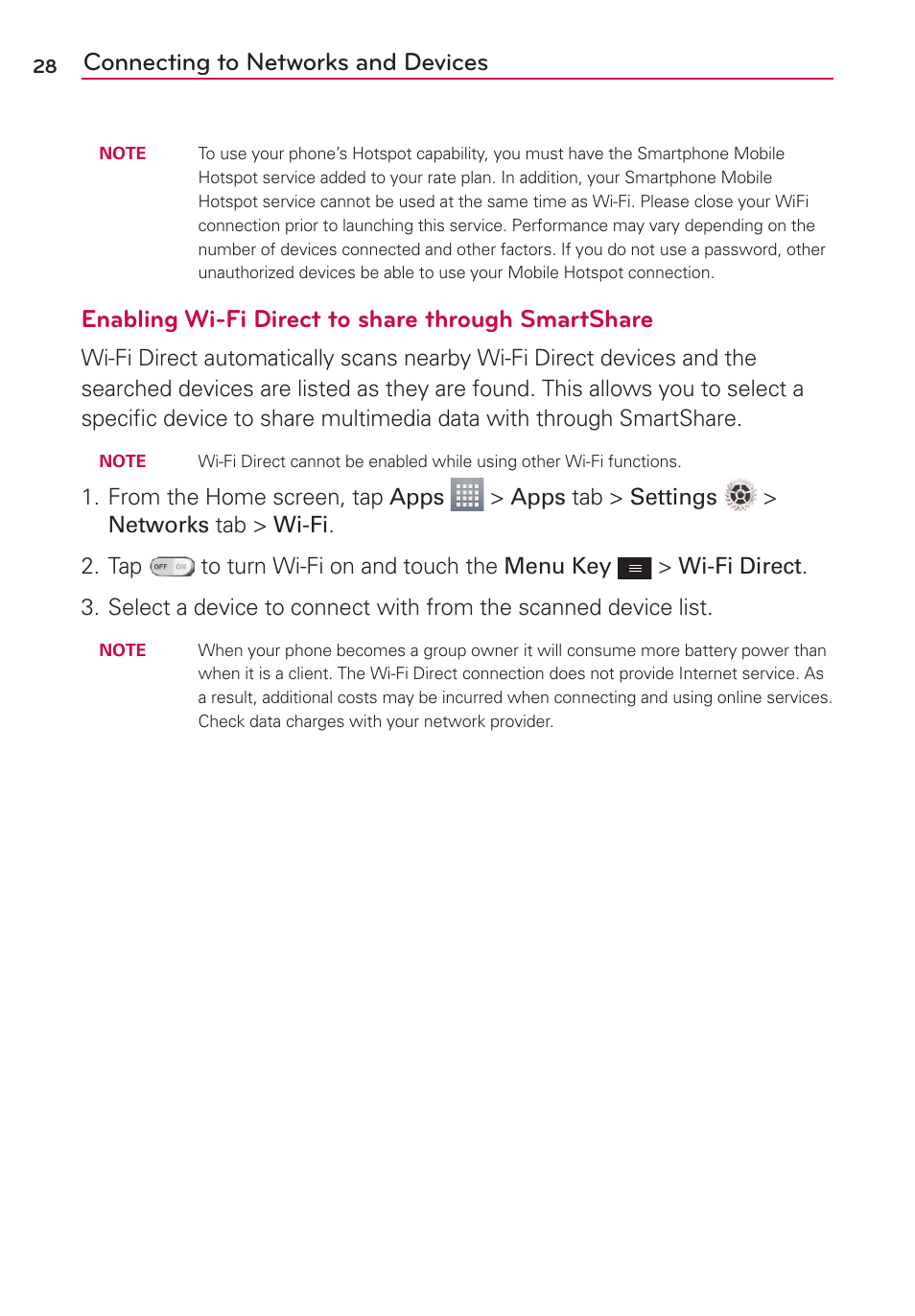 Connecting to networks and devices, Enabling wi-fi direct to share through smartshare | LG LGMS323 User Manual | Page 30 / 114