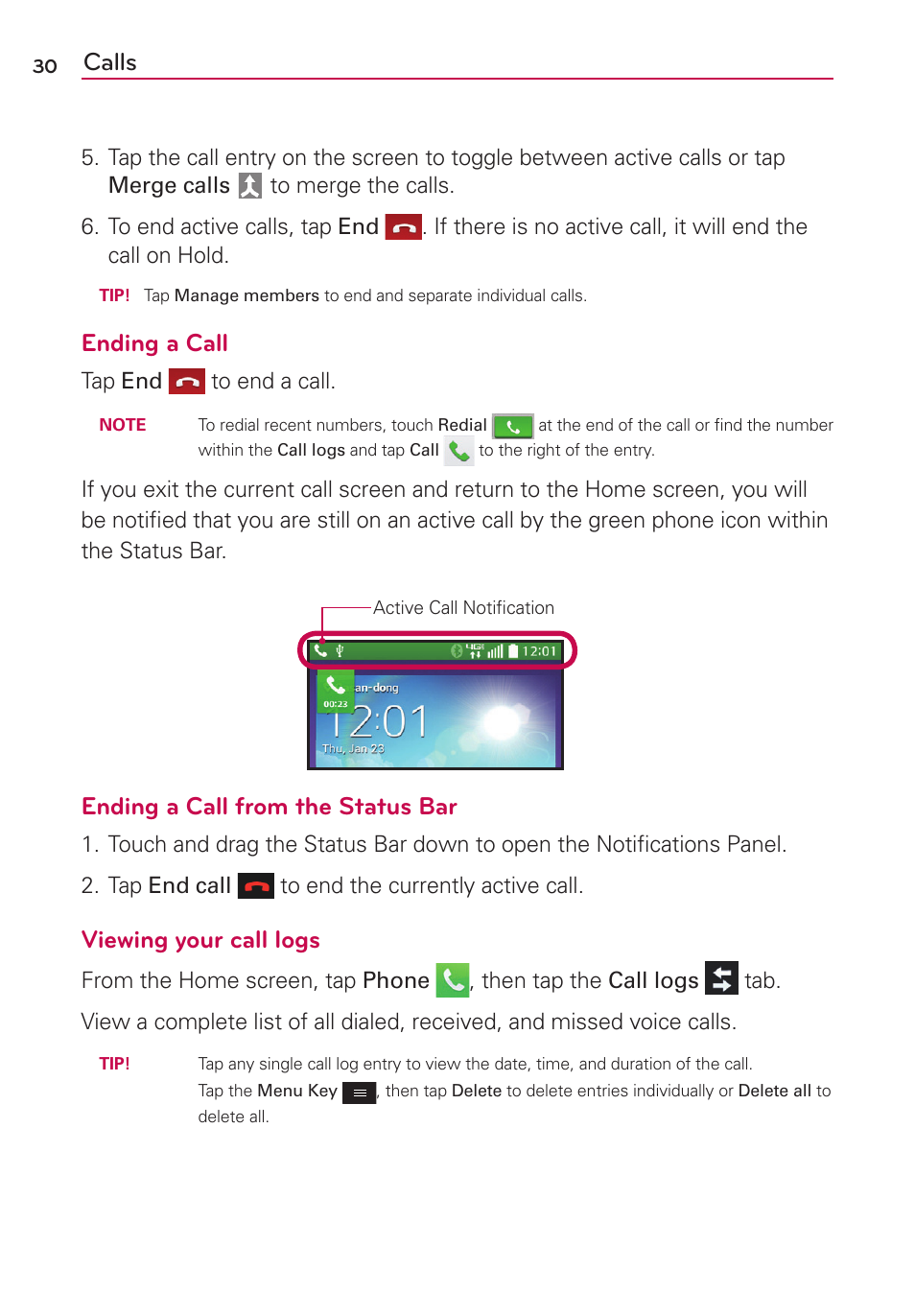 Calls, Ending a call, Ending a call from the status bar | Viewing your call logs | LG LGMS323 User Manual | Page 32 / 114