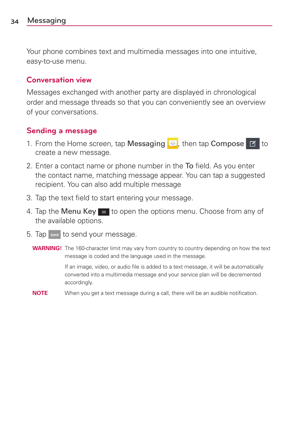 Messaging, Conversation view, Sending a message | LG LGMS323 User Manual | Page 36 / 114