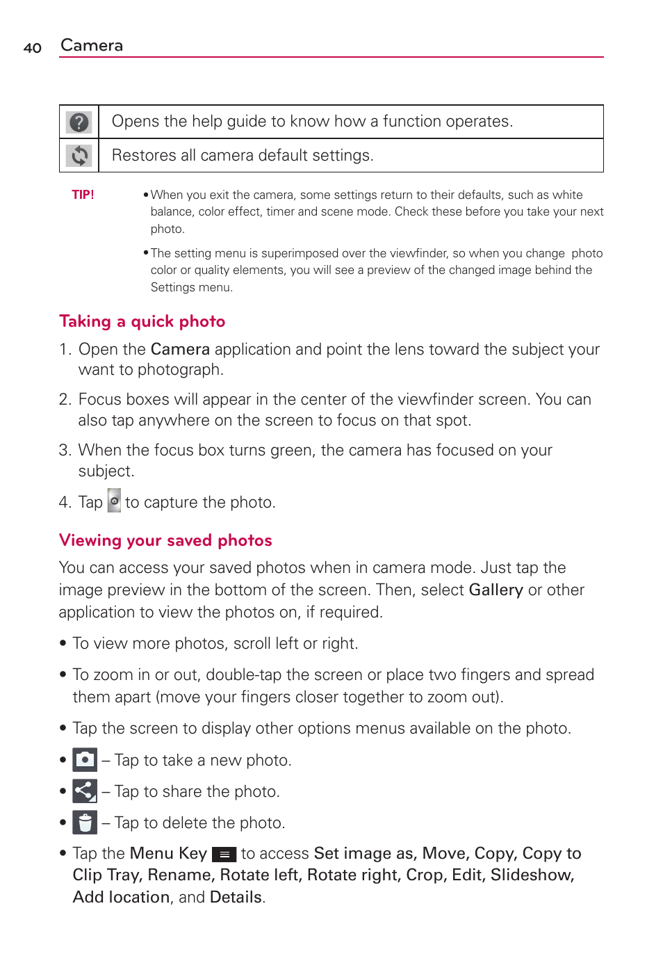 Camera, Taking a quick photo, Viewing your saved photos | LG LGMS323 User Manual | Page 42 / 114