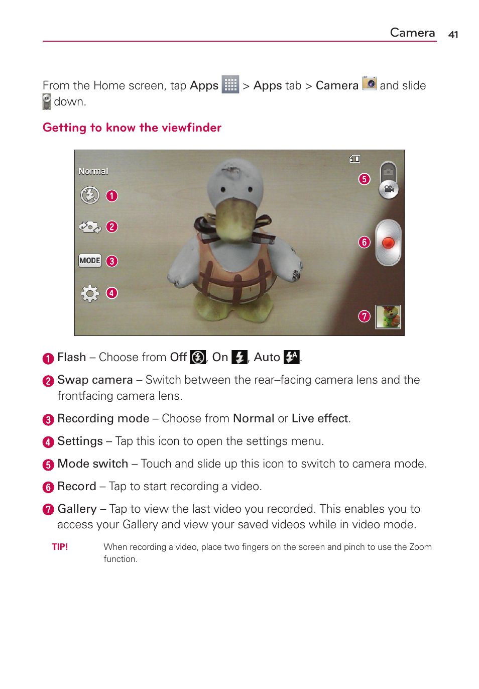 Camera, Getting to know the viewﬁnder | LG LGMS323 User Manual | Page 43 / 114