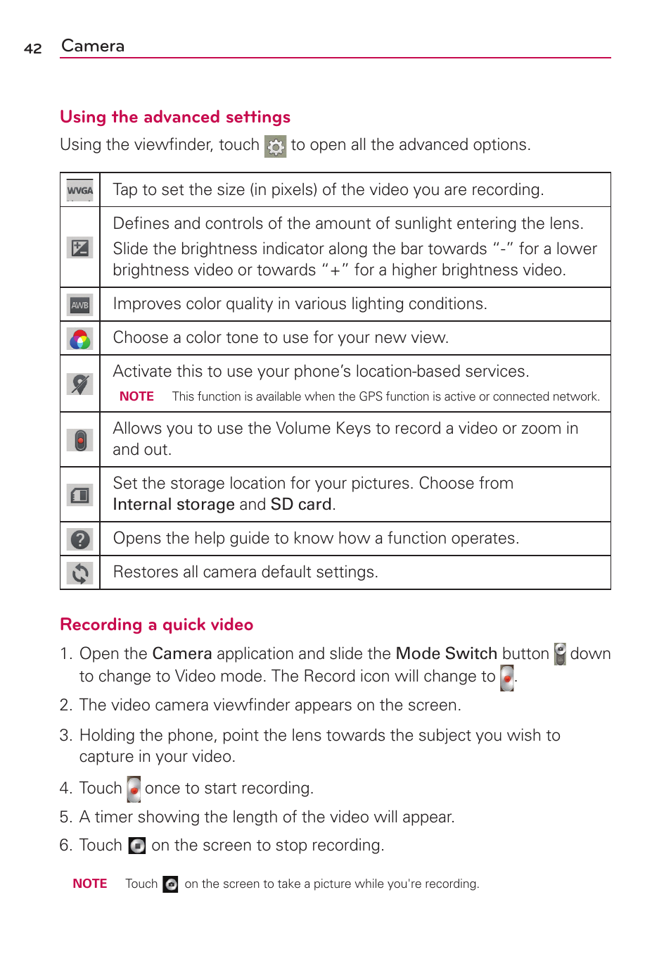 Camera using the advanced settings, Recording a quick video | LG LGMS323 User Manual | Page 44 / 114