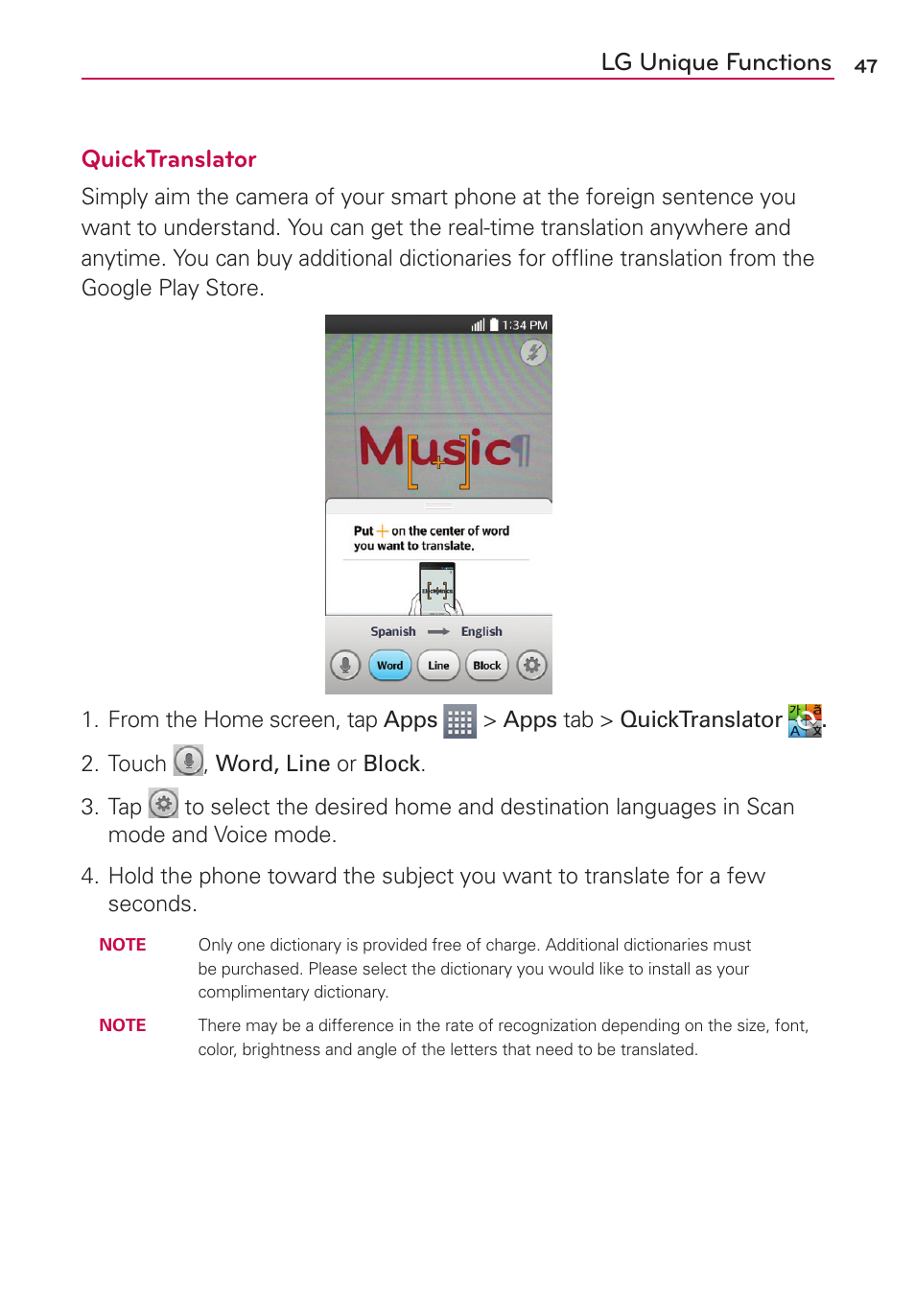 Lg unique functions quicktranslator | LG LGMS323 User Manual | Page 49 / 114