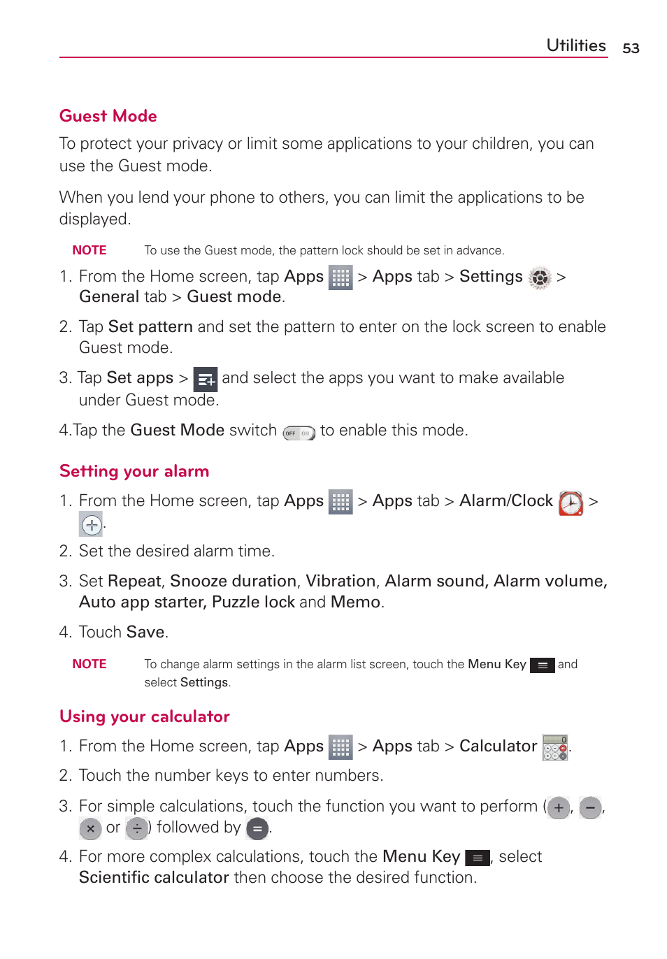 Utilities, Utilities guest mode, Setting your alarm | Using your calculator | LG LGMS323 User Manual | Page 55 / 114