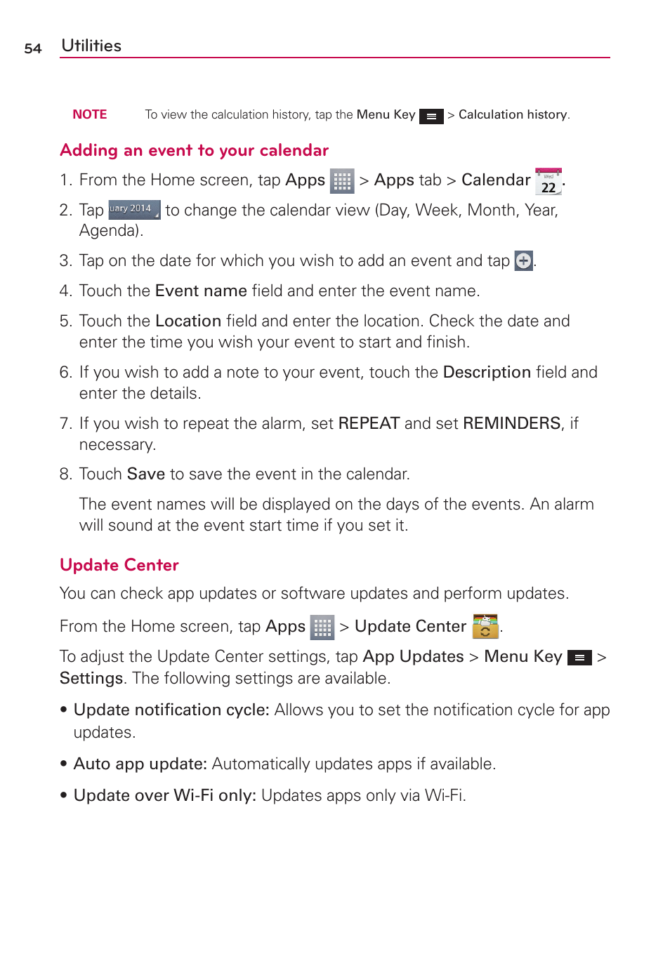 Utilities, Adding an event to your calendar, Update center | LG LGMS323 User Manual | Page 56 / 114