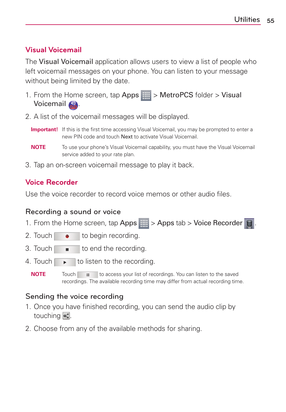 Utilities visual voicemail, Voice recorder, Recording a sound or voice | Sending the voice recording | LG LGMS323 User Manual | Page 57 / 114