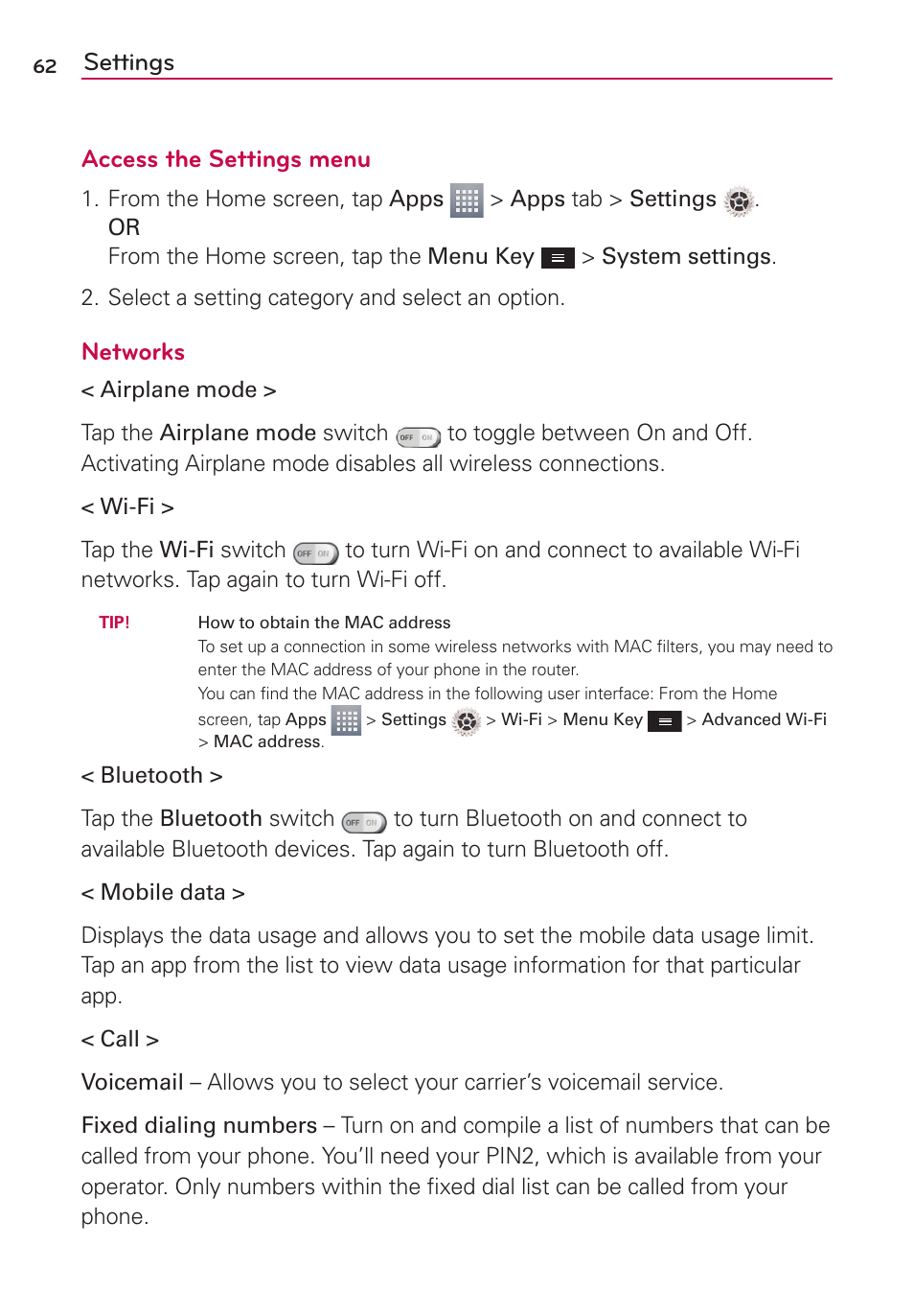 Settings, Settings access the settings menu, Networks | LG LGMS323 User Manual | Page 64 / 114