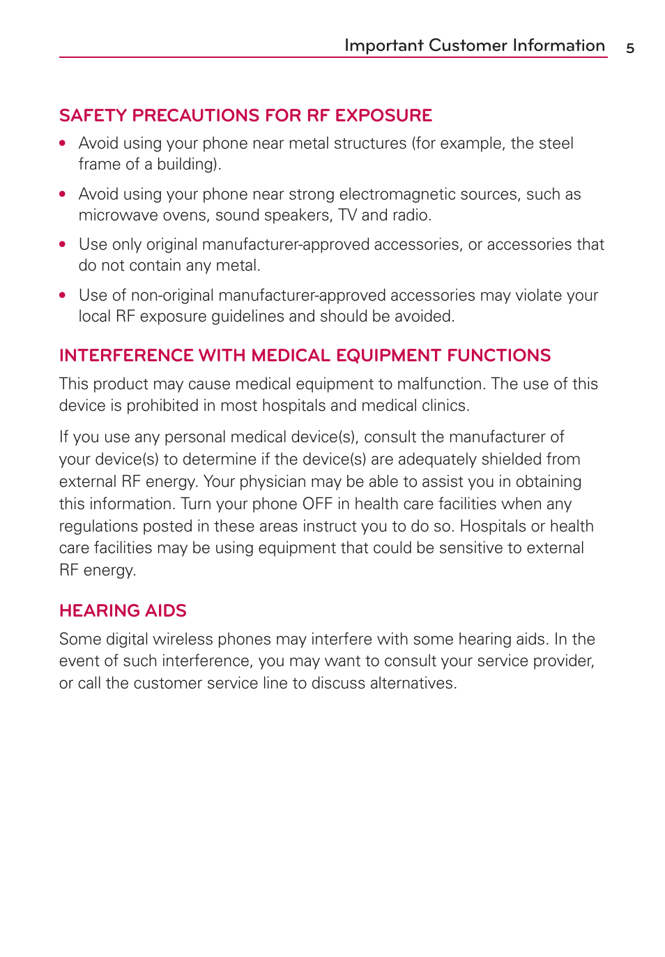 Interference with medical equipment functions, Hearing aids | LG LGMS323 User Manual | Page 7 / 114