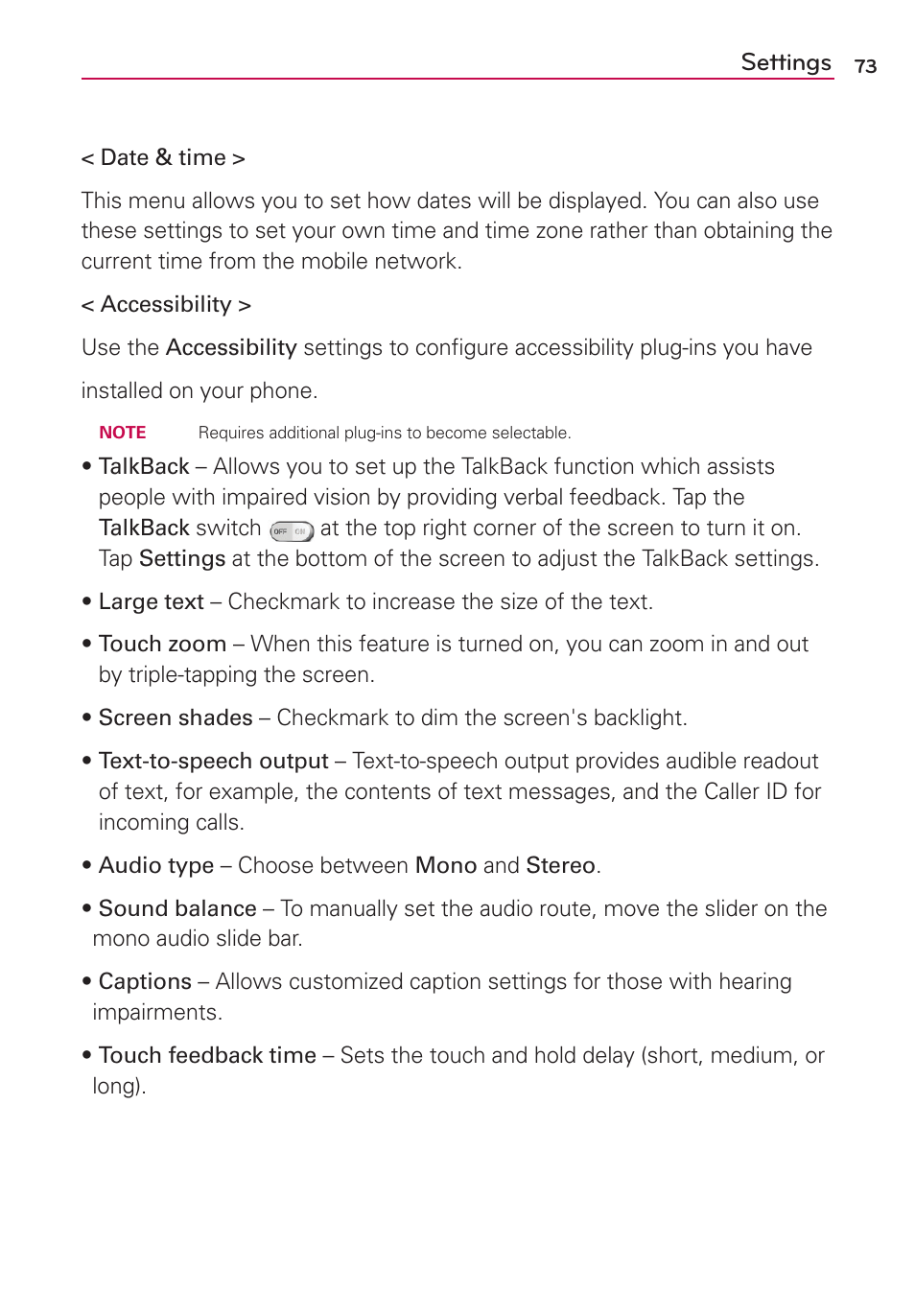 Settings | LG LGMS323 User Manual | Page 75 / 114