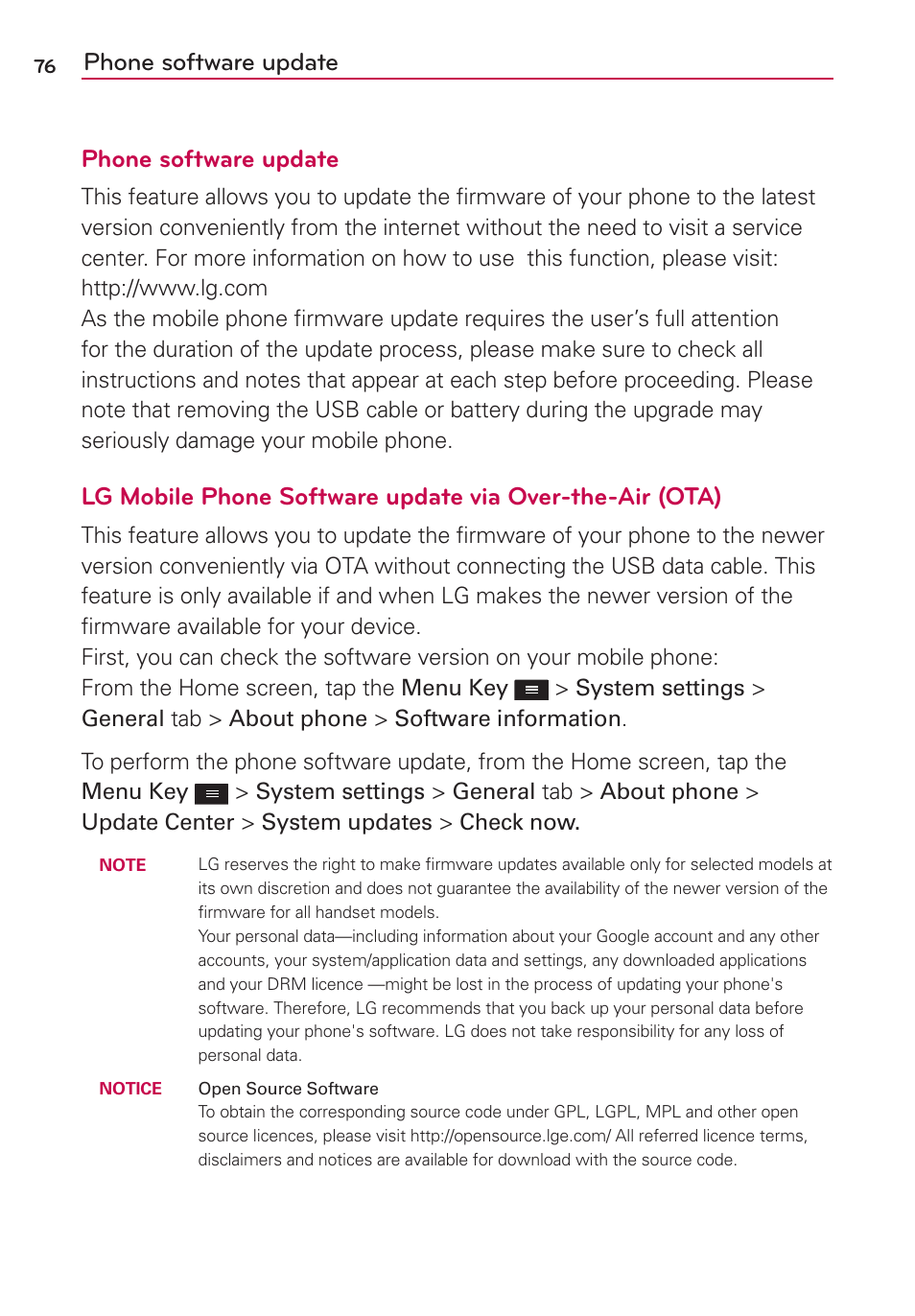 Phone software update | LG LGMS323 User Manual | Page 78 / 114