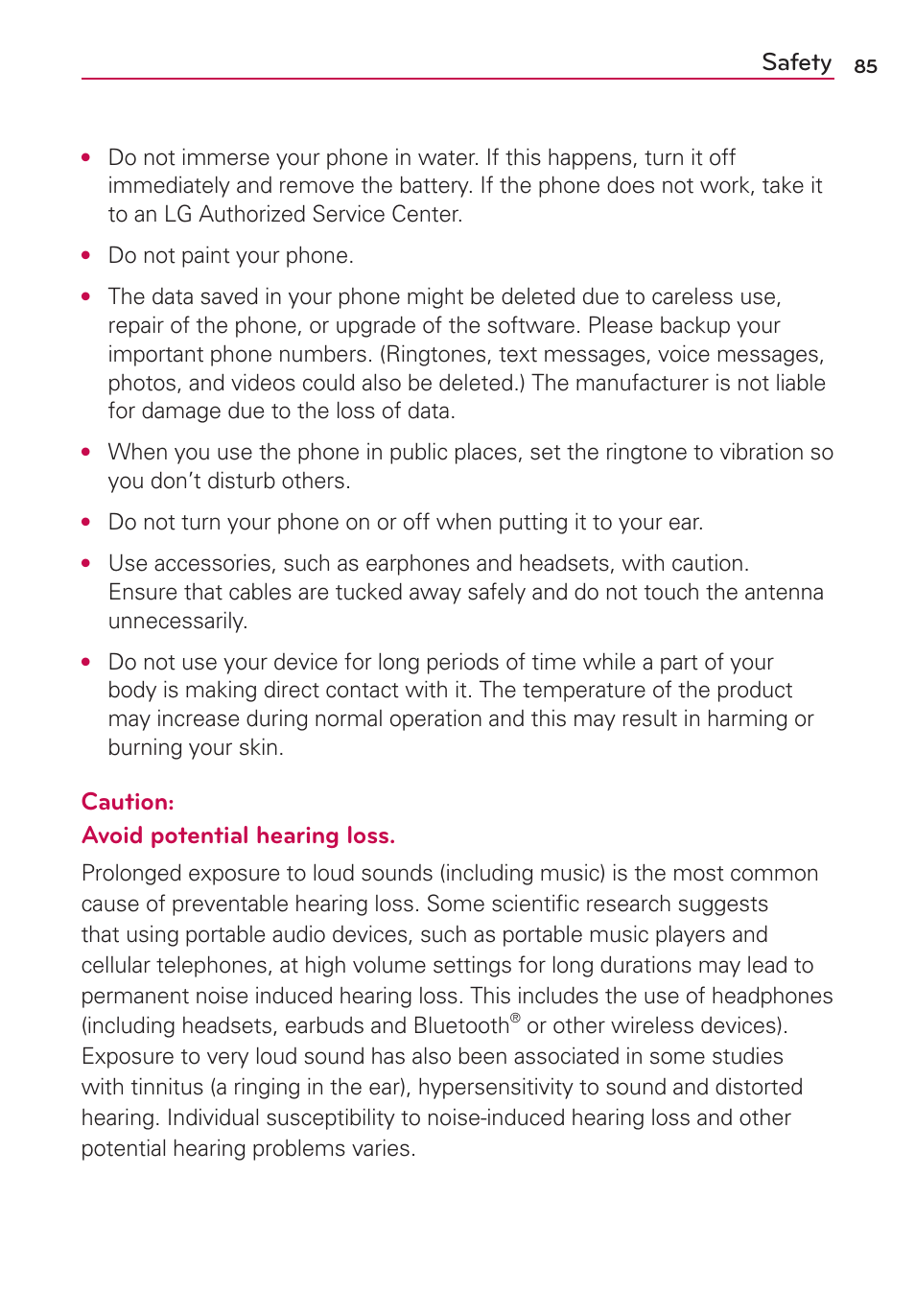 Safety, Caution: avoid potential hearing loss | LG LGMS323 User Manual | Page 87 / 114