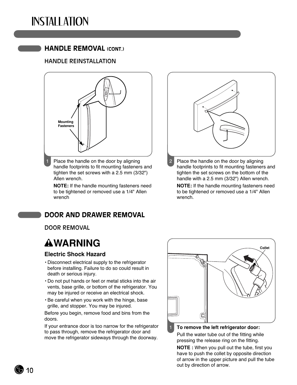 Wwarning, 10 handle removal, Door and drawer removal | LG LFX21971ST User Manual | Page 10 / 43