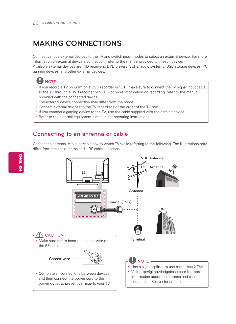 Making connections, Connecting to an antenna or cable | LG 60LS5750 User Manual | Page 22 / 42
