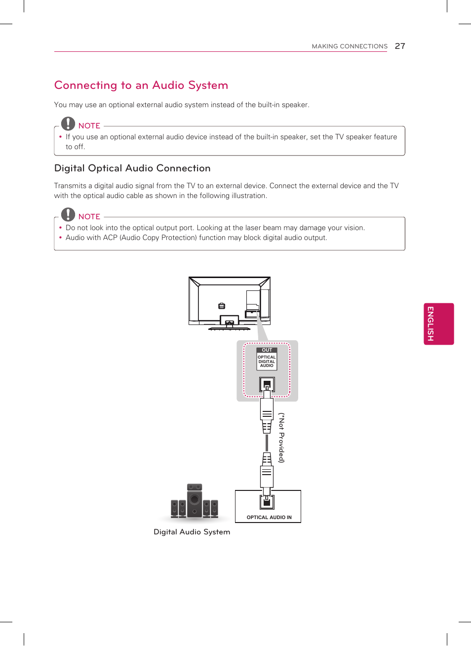 Connecting to an audio system, Digital optical audio connection | LG 60LS5750 User Manual | Page 29 / 42