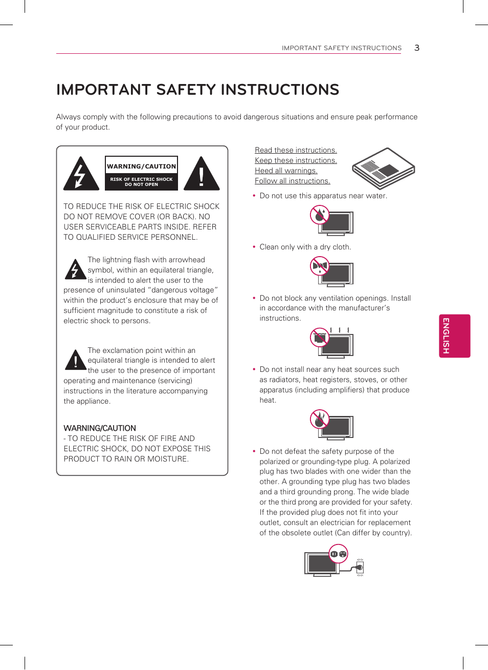 Important safety instructions, English | LG 60LS5750 User Manual | Page 5 / 42