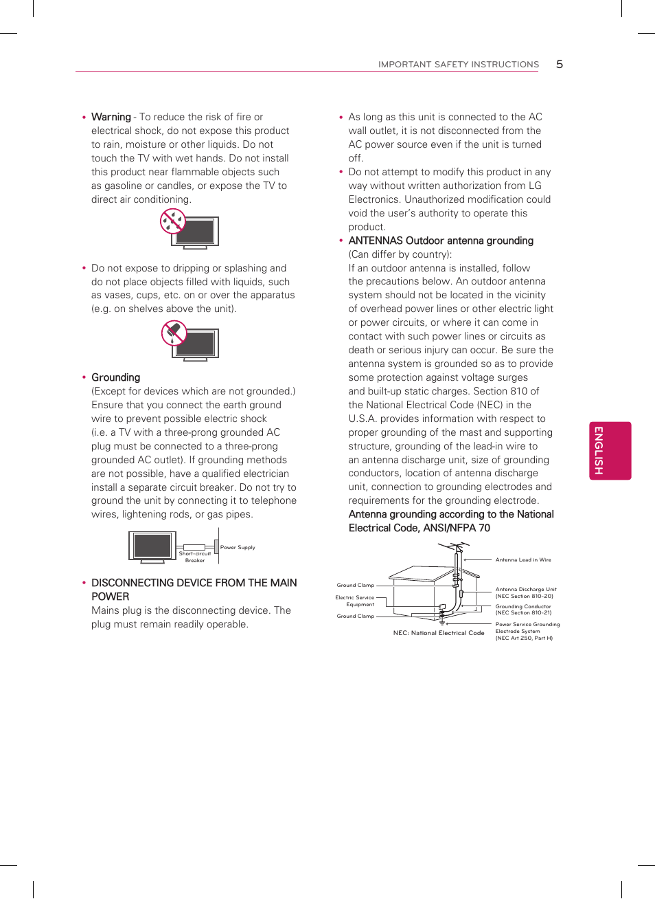 Short-circuit breaker power supply, English | LG 60LS5750 User Manual | Page 7 / 42