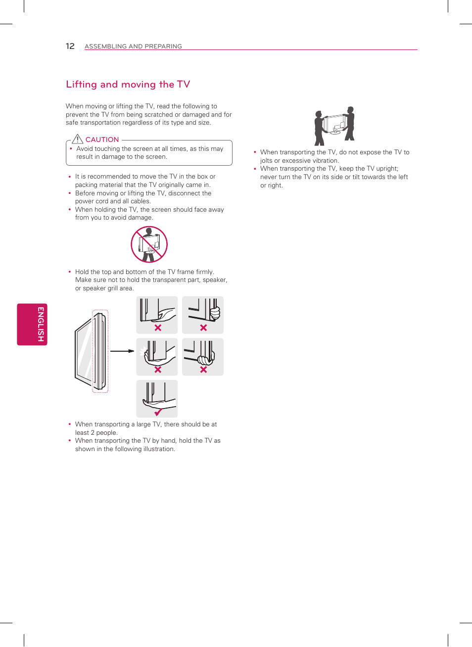 Lifting and moving the tv | LG 60LN6150 User Manual | Page 12 / 48