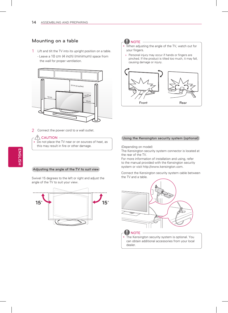 Mounting on a table | LG 60LN6150 User Manual | Page 14 / 48