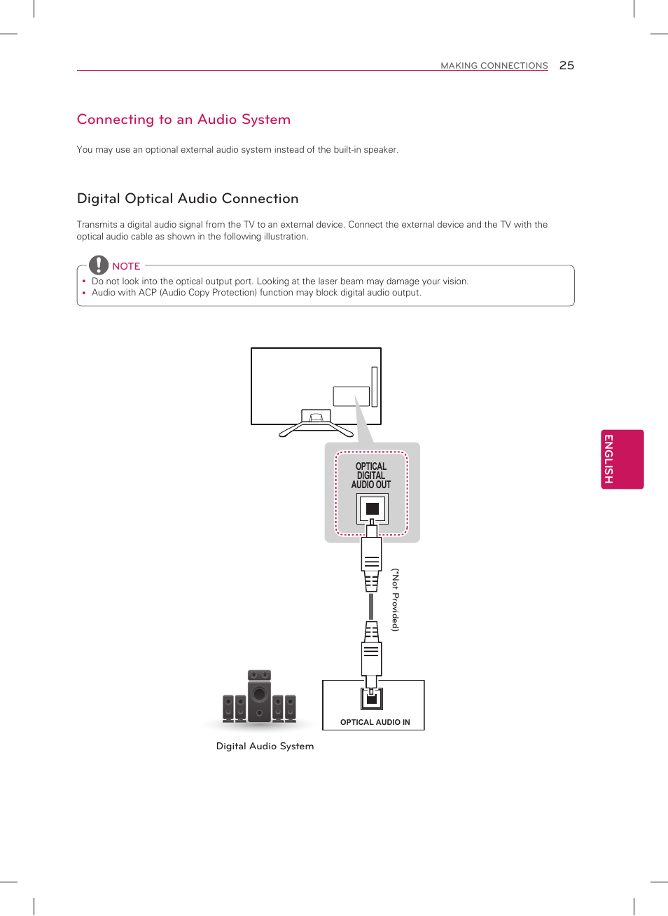 Connecting to an audio system, Digital optical audio connection | LG 60LN6150 User Manual | Page 25 / 48