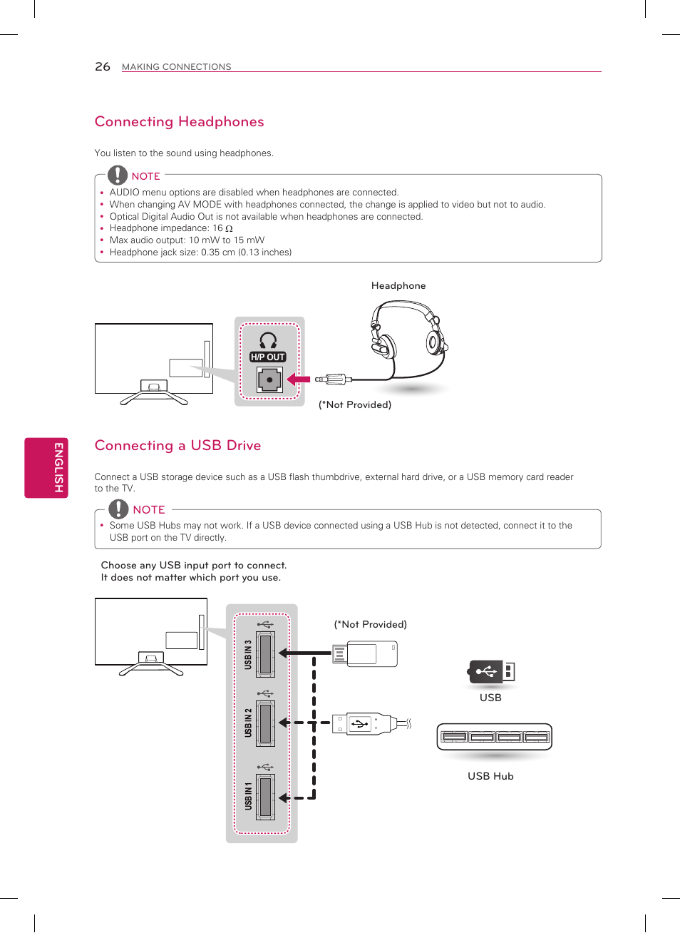Connecting headphones, Connecting a usb drive | LG 60LN6150 User Manual | Page 26 / 48