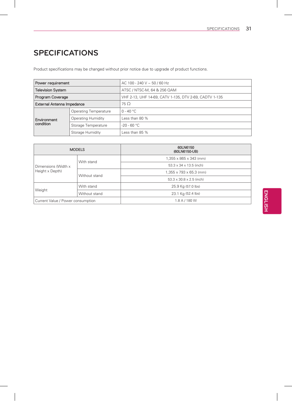 Specifications, English | LG 60LN6150 User Manual | Page 31 / 48