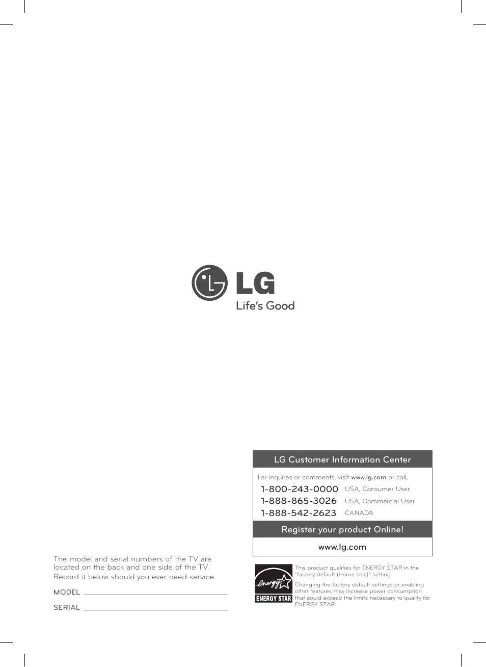 Lg customer information center | LG 60LN6150 User Manual | Page 36 / 48