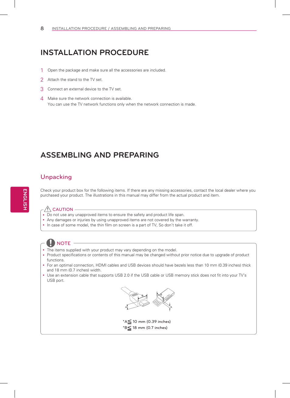 Installation procedure, Assembling and preparing, Unpacking | LG 60LN6150 User Manual | Page 8 / 48
