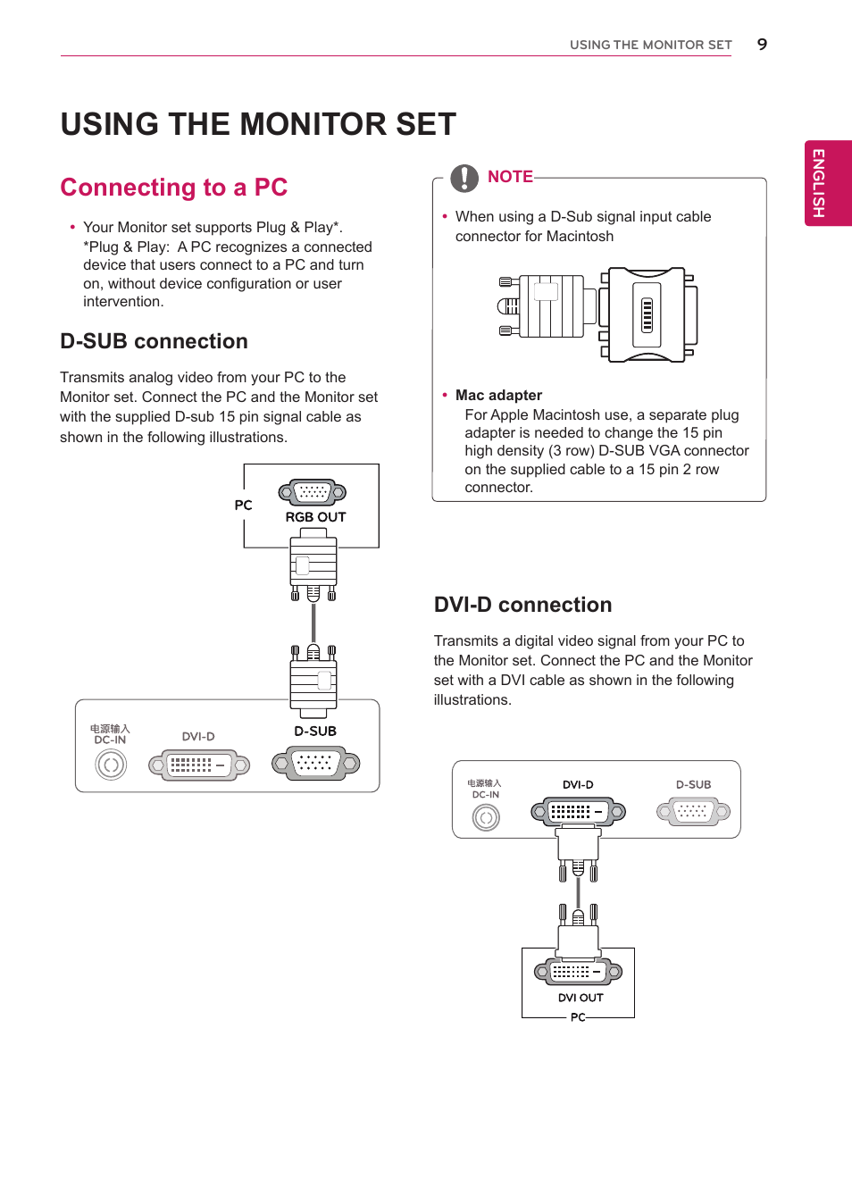 Using the monitor set, Connecting to a pc, D-sub connection | Dvi-d connection | LG 24M34D-B User Manual | Page 10 / 27