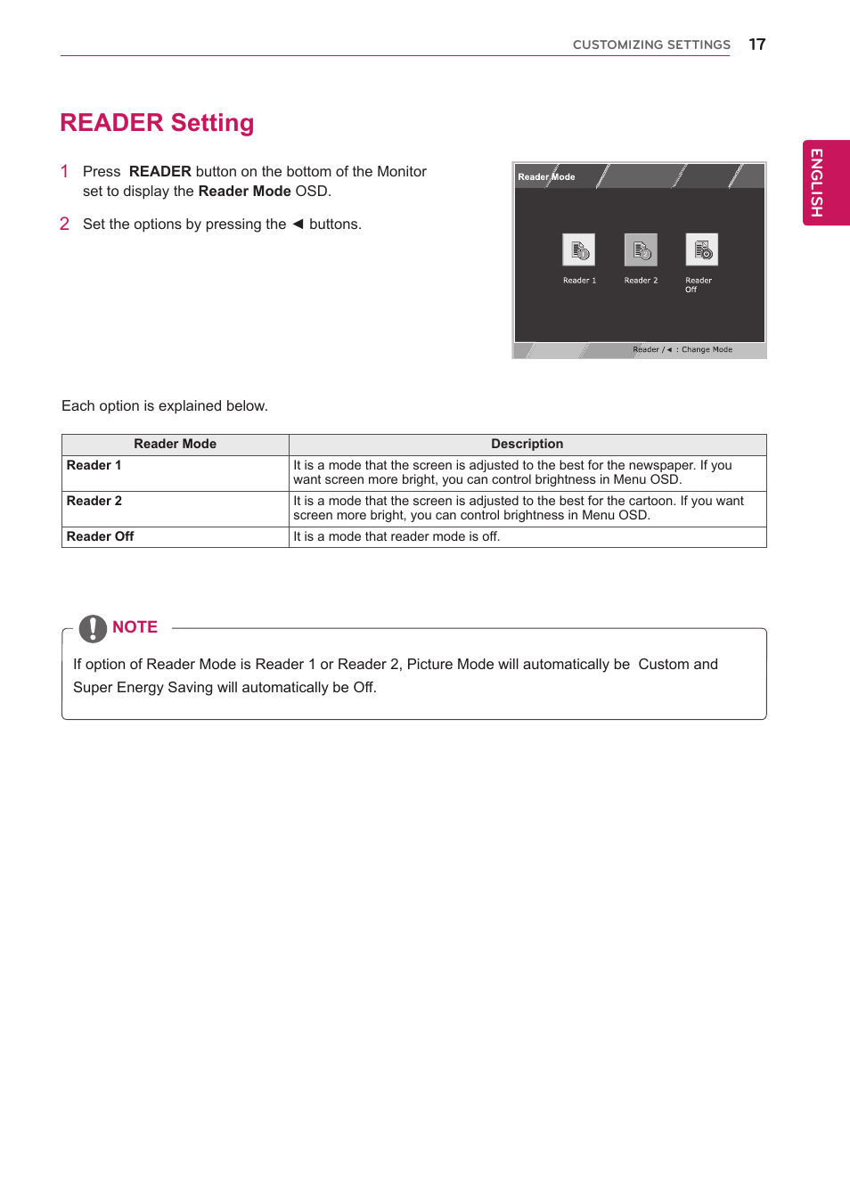 Reader setting, 17 reader setting | LG 24M34D-B User Manual | Page 18 / 27