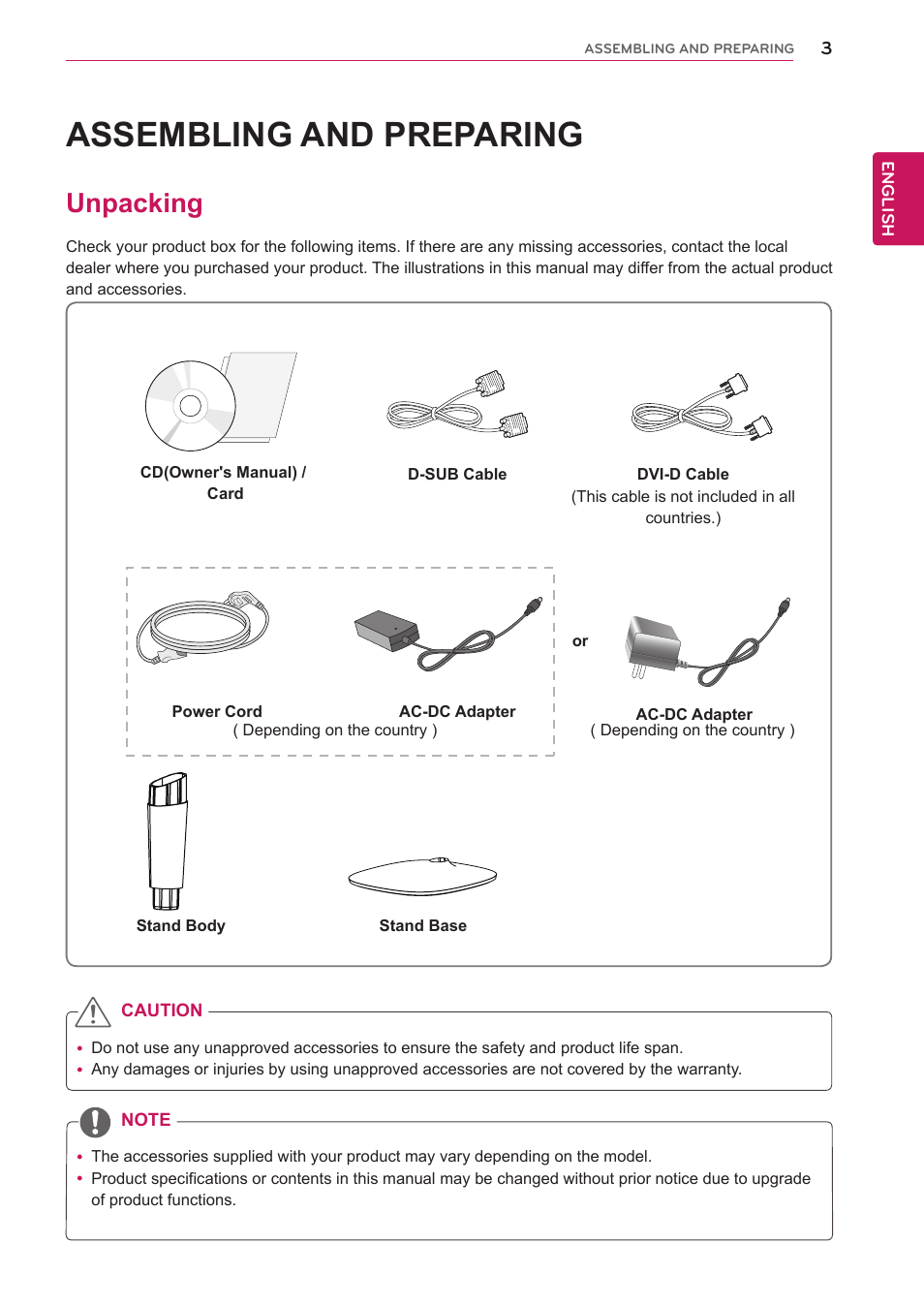 Assembling and preparing, Unpacking, Assembling and prepar | LG 24M34D-B User Manual | Page 4 / 27