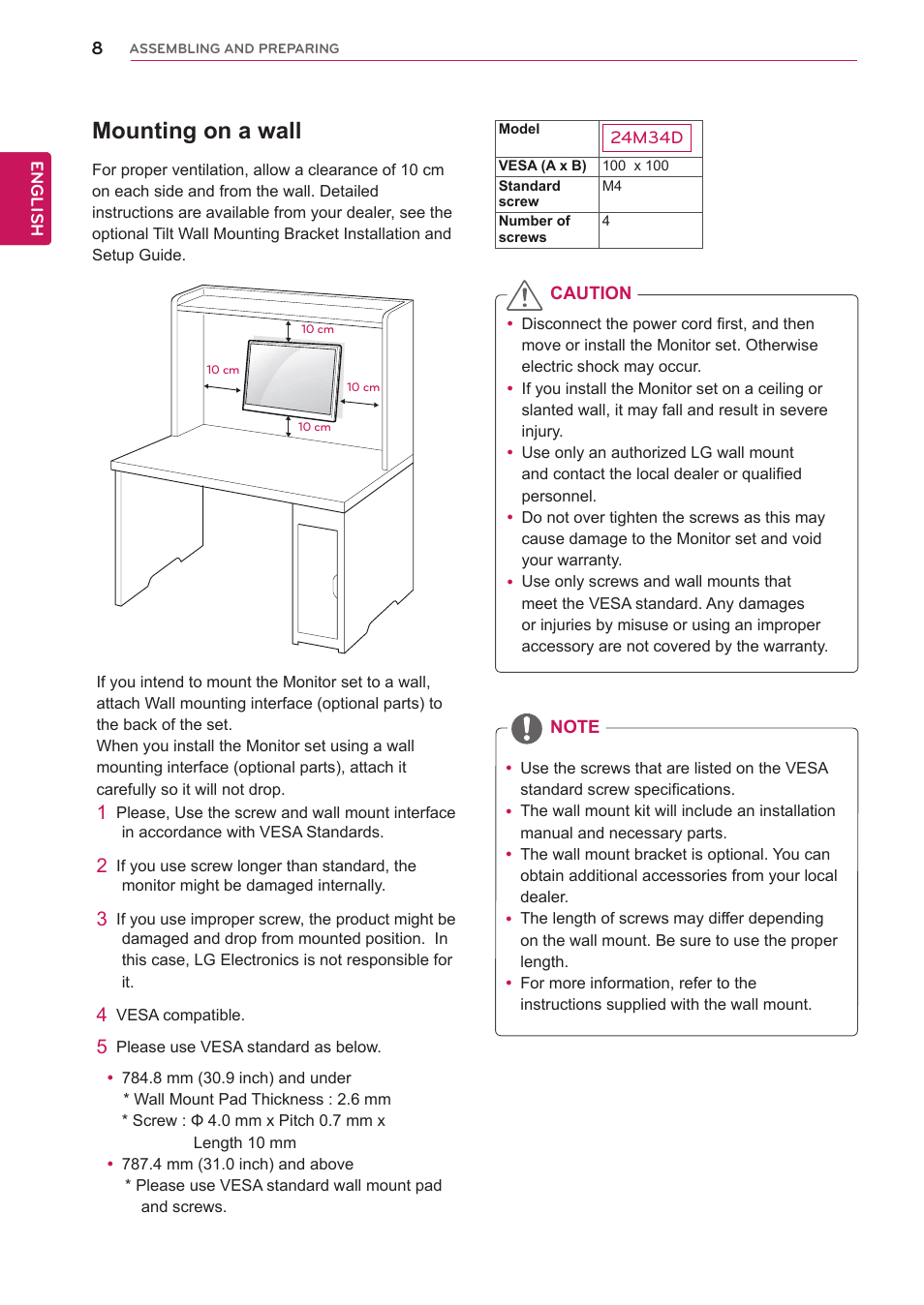 Mounting on a wall | LG 24M34D-B User Manual | Page 9 / 27