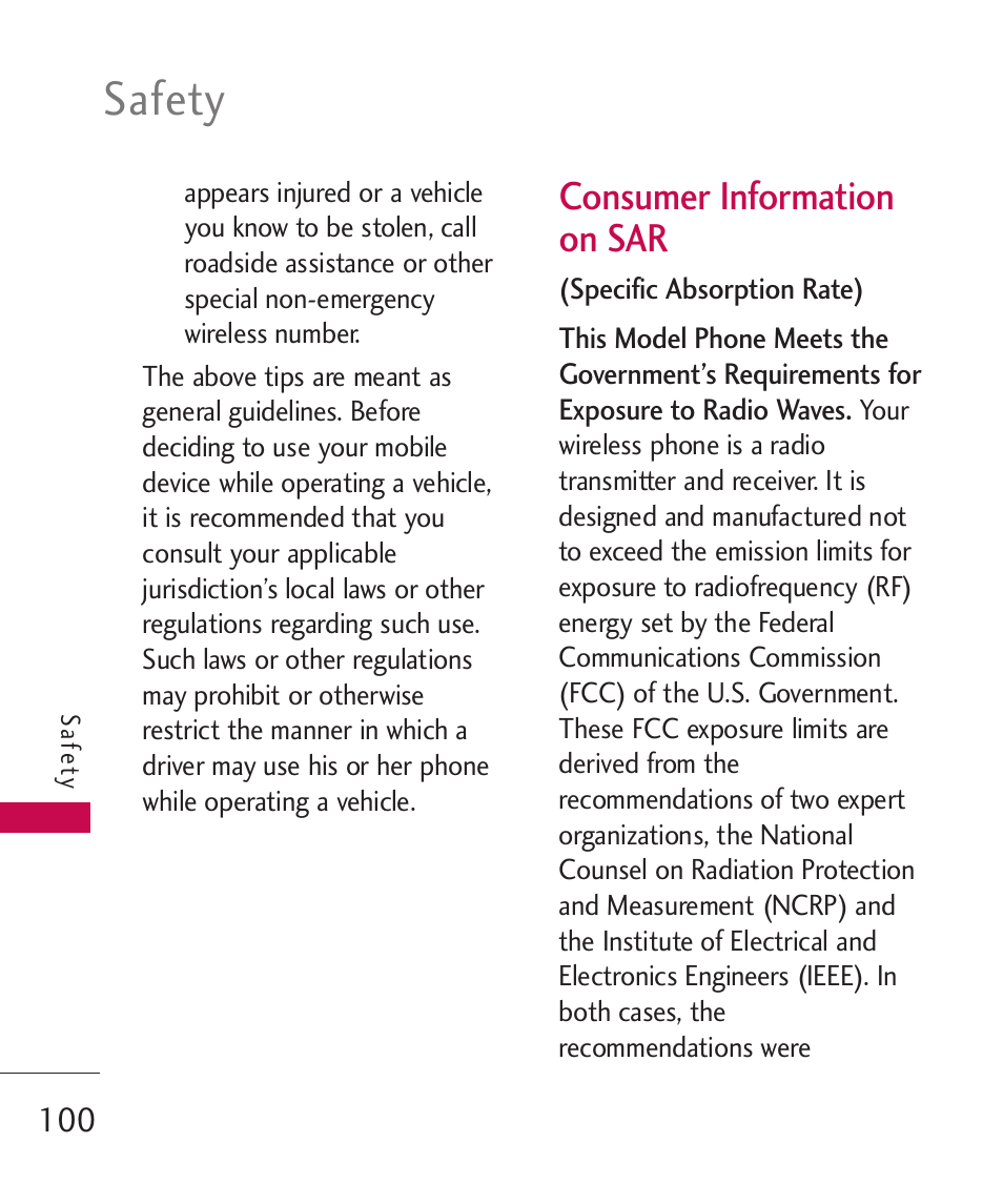 Consumer information on sar, Safety | LG UX310 User Manual | Page 102 / 238