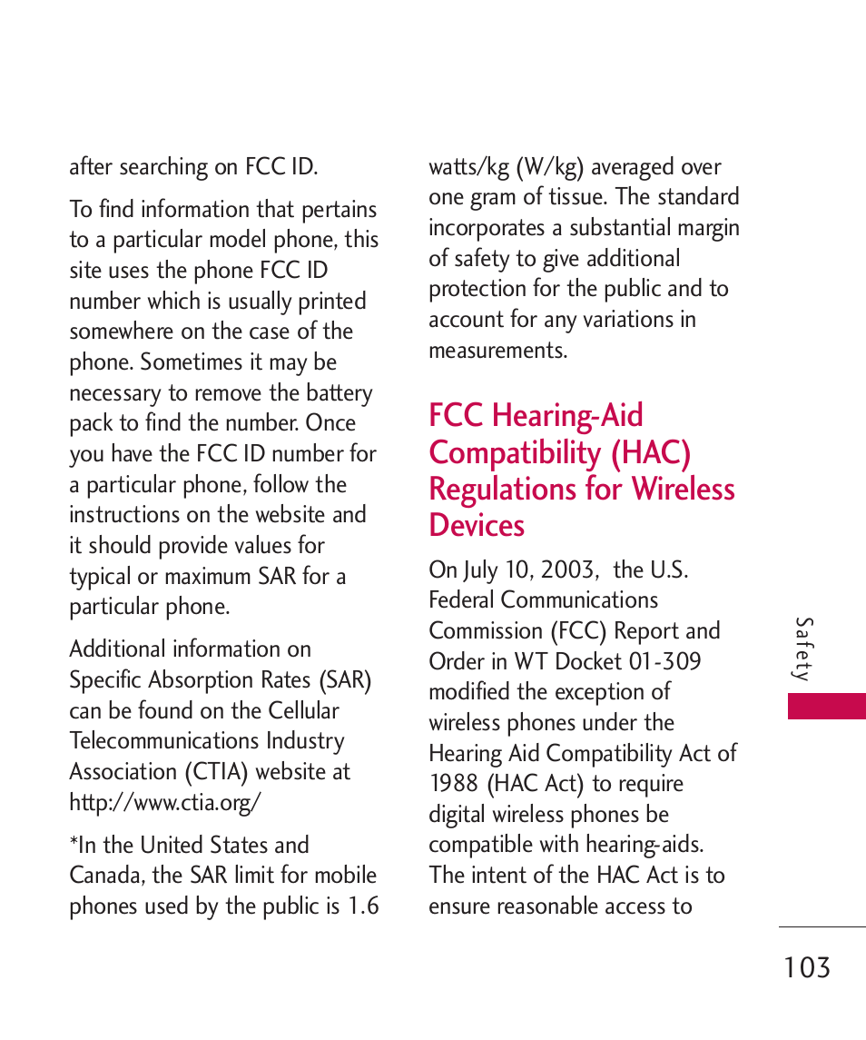 Fcc hearing-aid compatibilit, Fcc hearing-aid compatibility, Hac) regulations for wireless devices 103 | LG UX310 User Manual | Page 105 / 238