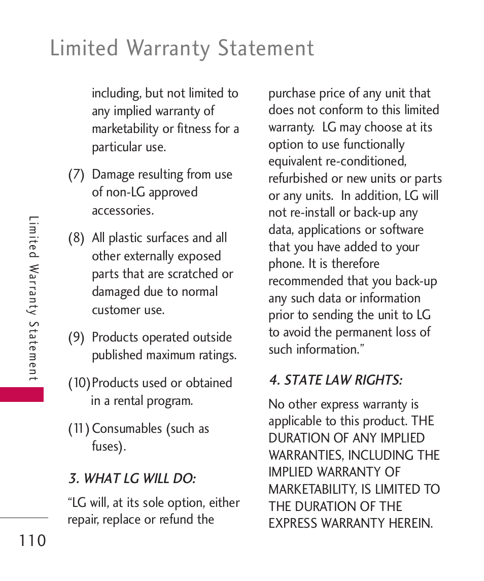 Limited warranty statement | LG UX310 User Manual | Page 112 / 238