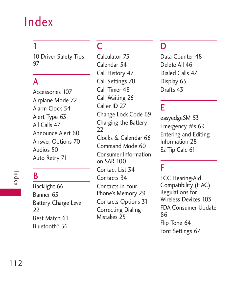 Index | LG UX310 User Manual | Page 114 / 238